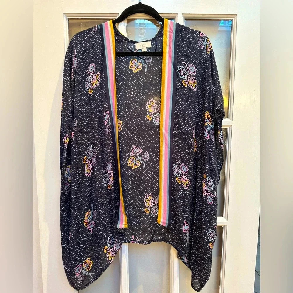 Ann Taylor LOFT Navy Polka Dot Floral Cover Up Kimono One Size OS Fits XS-Large